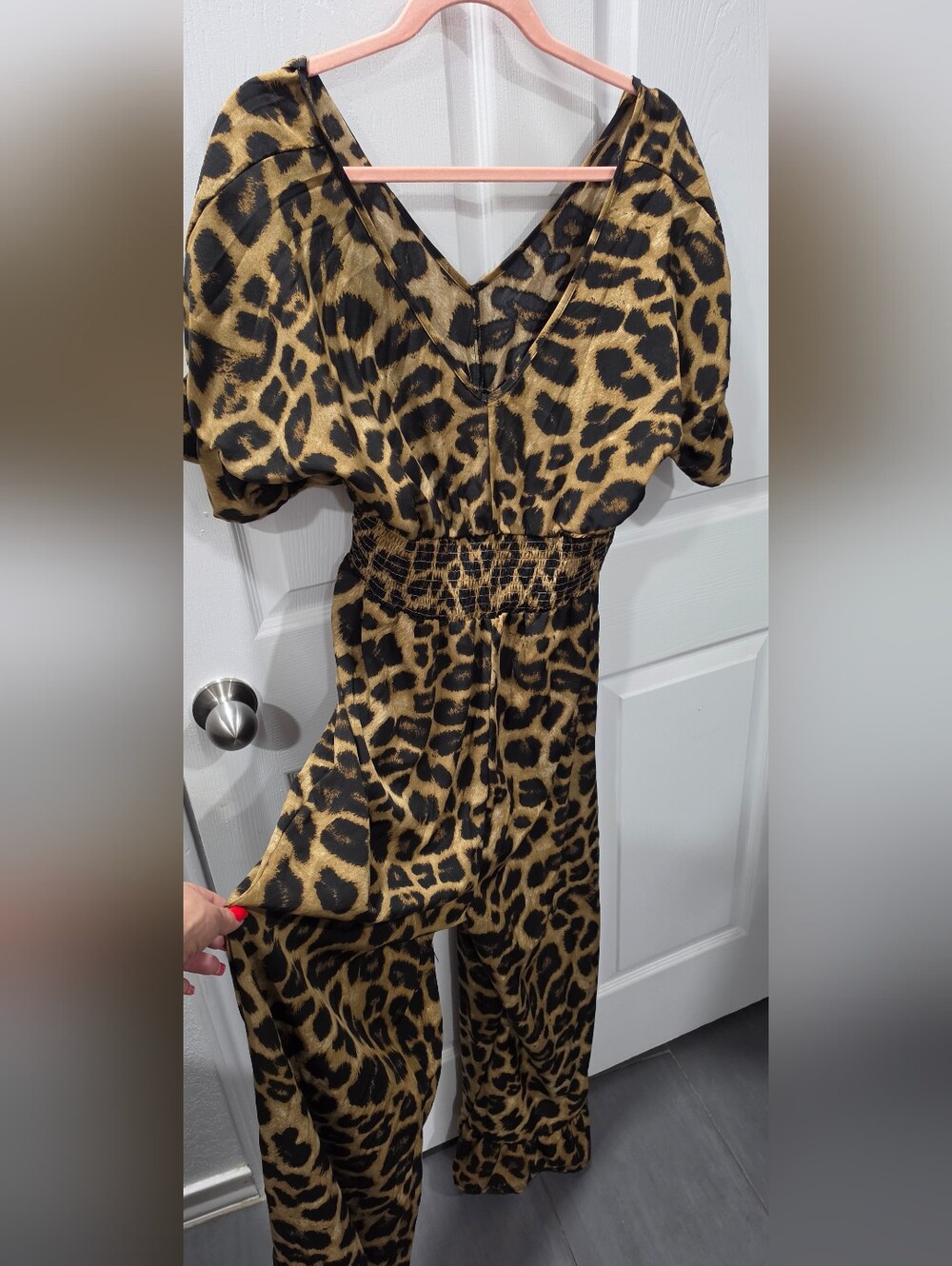 SHEIN Leopard Print V-Neck Jumpsuit in Tan & Black